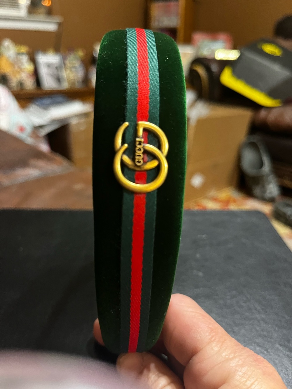 Double G Designer Deep Green Velvet Signature Letter Headband - Picture 6 of 7